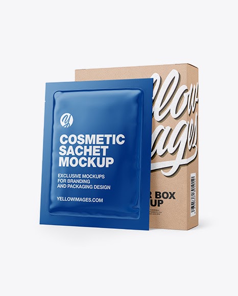 Download Free Sheet Mask Mockup Kraft Paper Box With Glossy Sachet Mockup In PSD Mockup Template