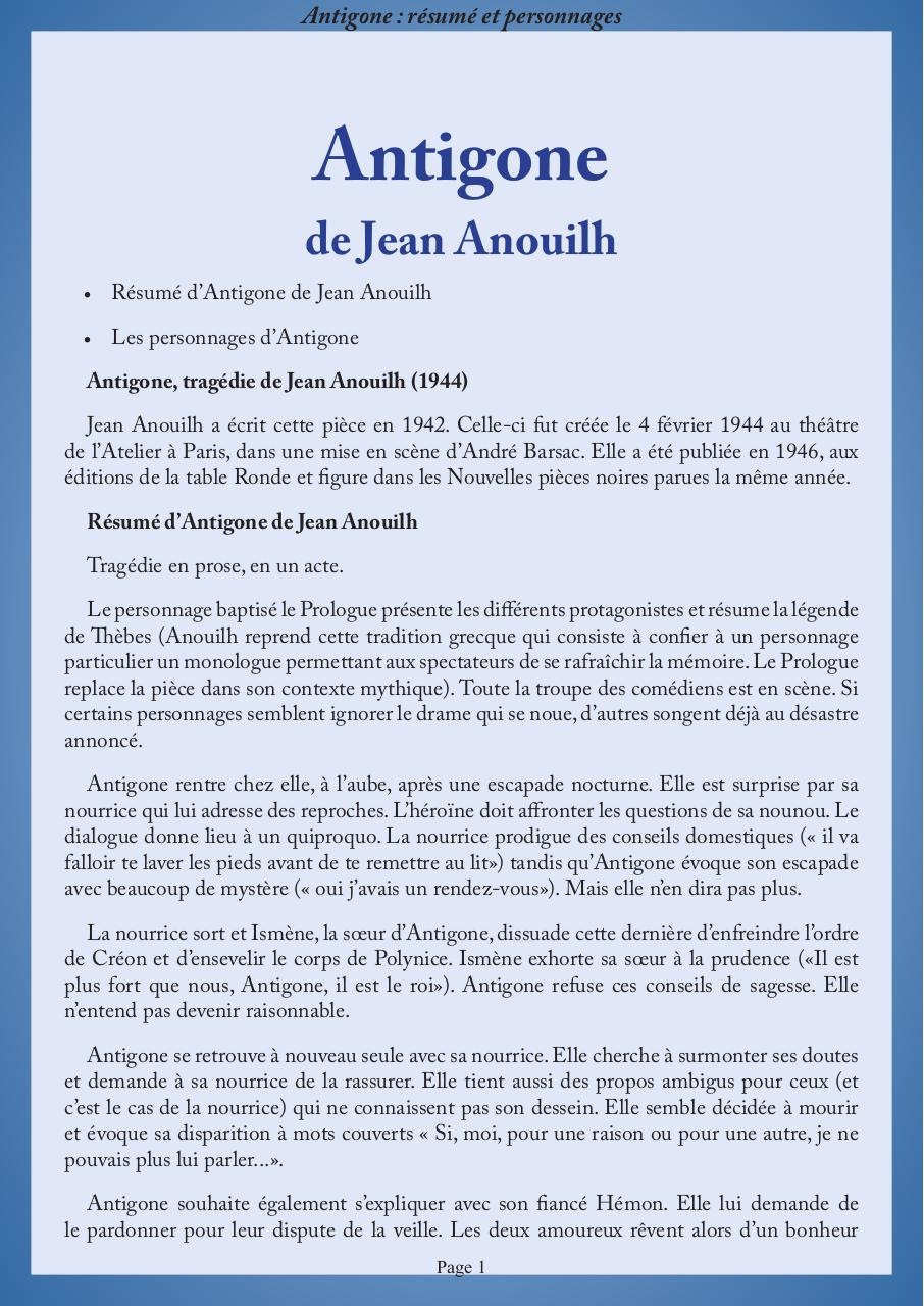 Fiche de lecture Antigone de Jean Anouilh par 9alami.com