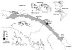 Thumbnail of Locations in the Guna Yala region of eastern Panama with confirmed cases of Zika virus infection during November 27, 2015–January 22, 2016. Inset maps show locations of Guna Yala in Panama and of Panama in the Americas.