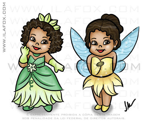caricatura fofinha, menina fadinha, desenho criança negra, menina negra, roupinha sininho, roupinha princesa e o sapo, by ila fox