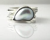 Pearl Ring - Modern - Sterling Silver - White Pearl - Size 7 1/4 - Ready to Ship -  Please Use Coupon Code for %15 CIY Sale - serpilguneysudesigns