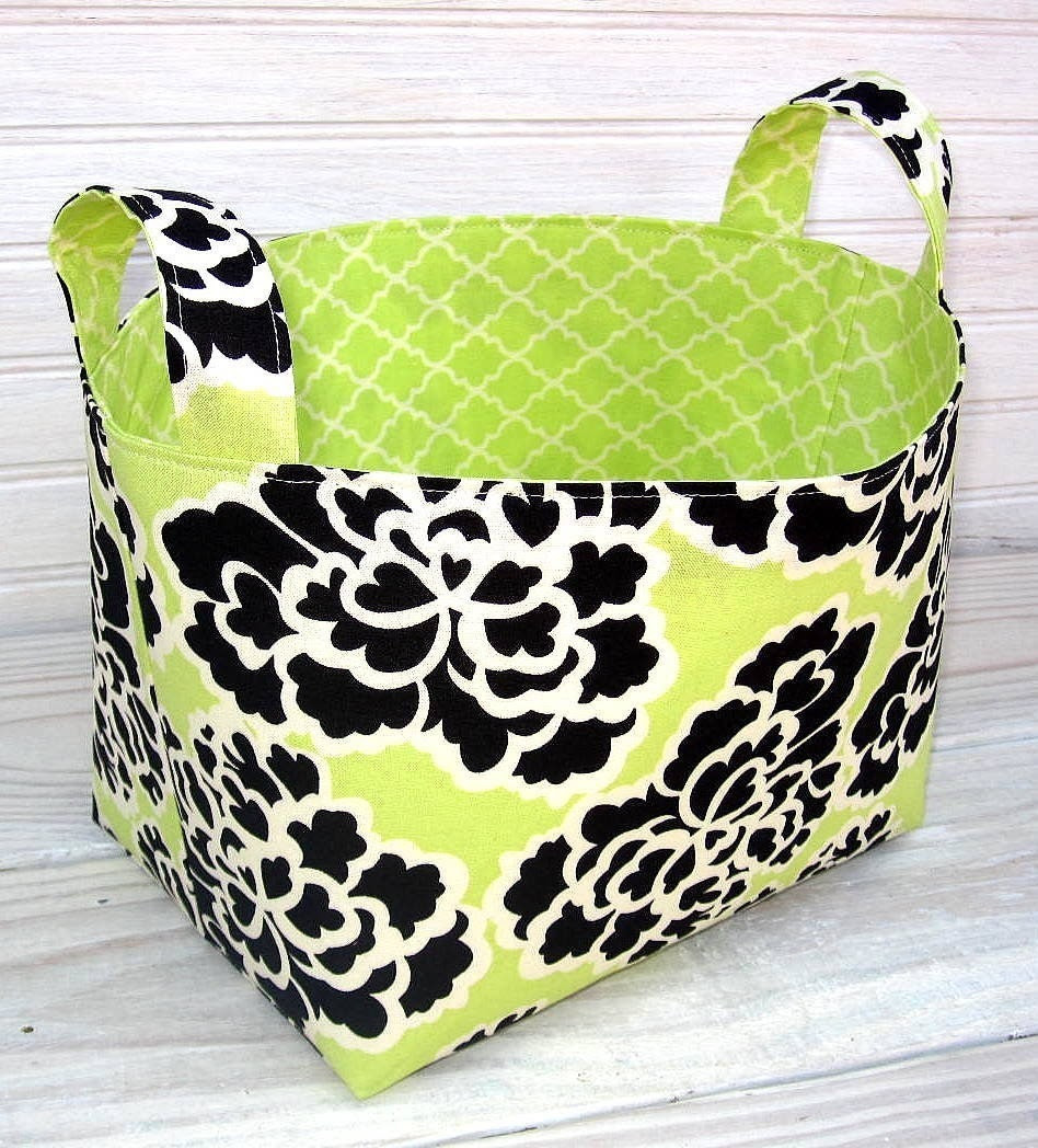 Organizer Basket Fabric Bin - Peonies on Spring Green