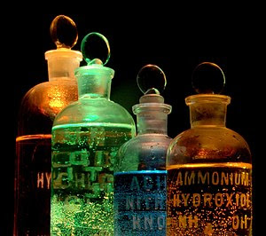 Chemicals in flasks (including Ammonium hydrox...