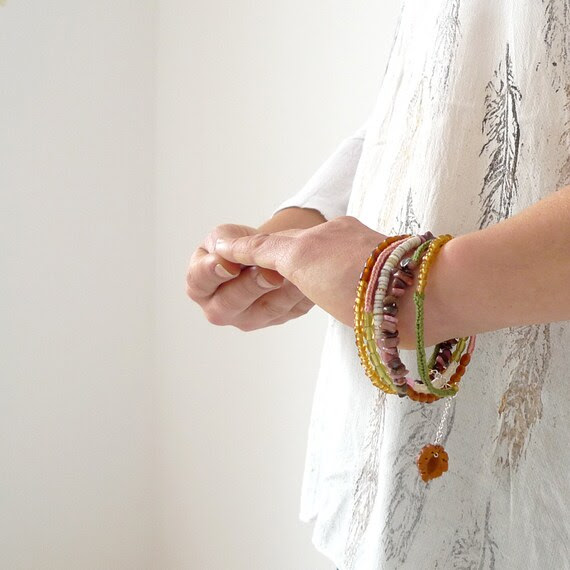 stacking gemstone bracelet / bangle, boho - pink rodonite, natural materials, crochet cotton, nut charm - pink, yellow, green