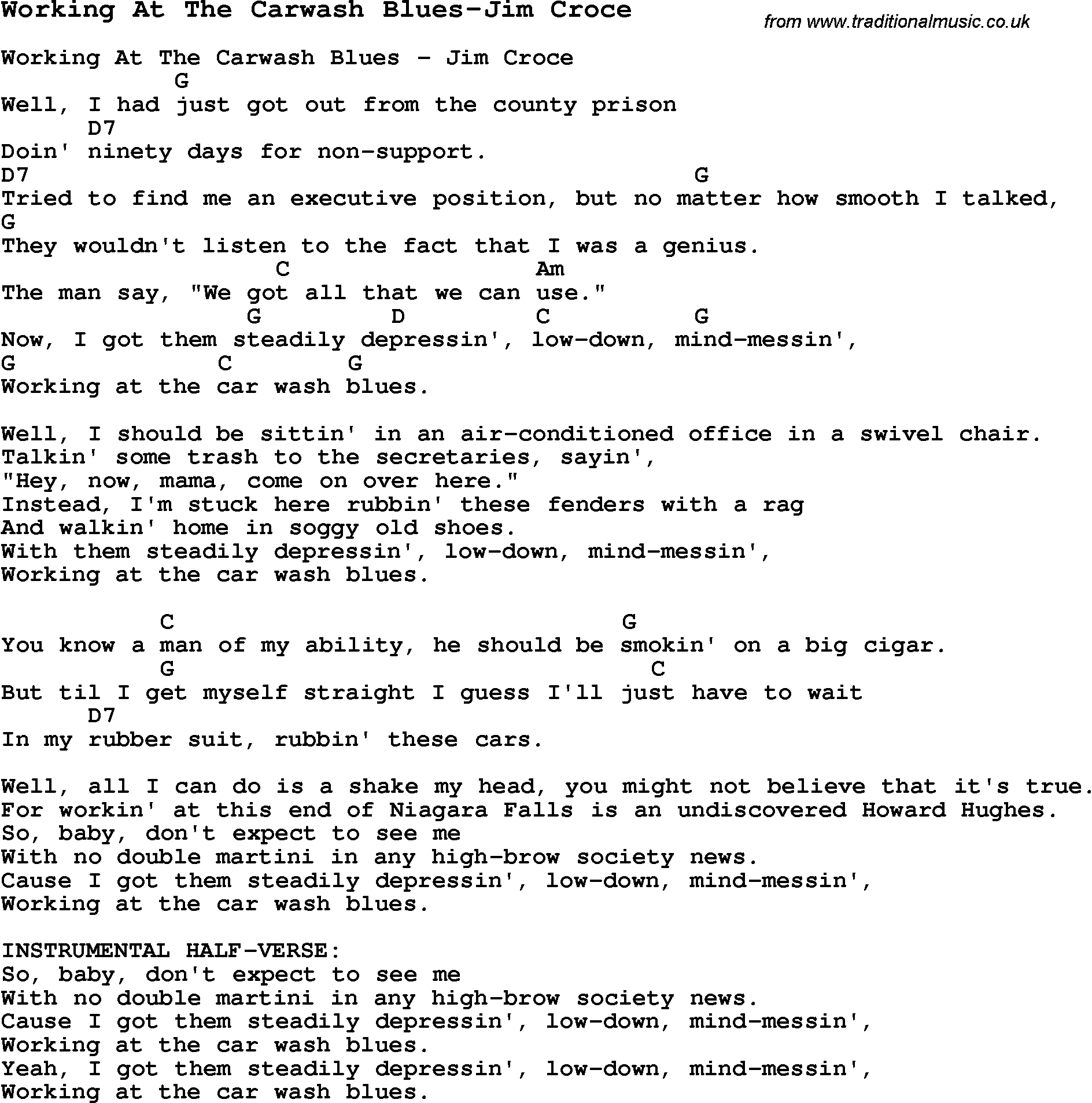 Jim Croce Working At The Car Wash Blues Lyrics - Car Retro