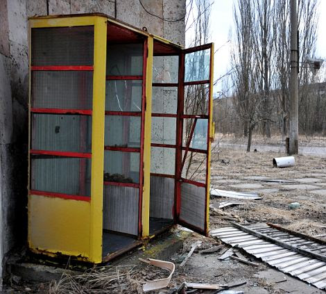 A rust-addled phone booth on Lenin Avenue, Pripyat