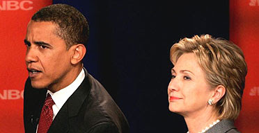 Democratic presidential candidates Barack Obama (l) and Hillary Clinton take part in the first televised debate of the of the 2008 presidential campaign