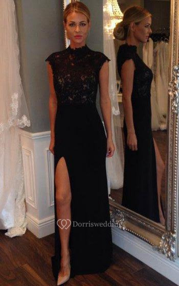 Cap-sleeved Long Lace Gown with Side Slit