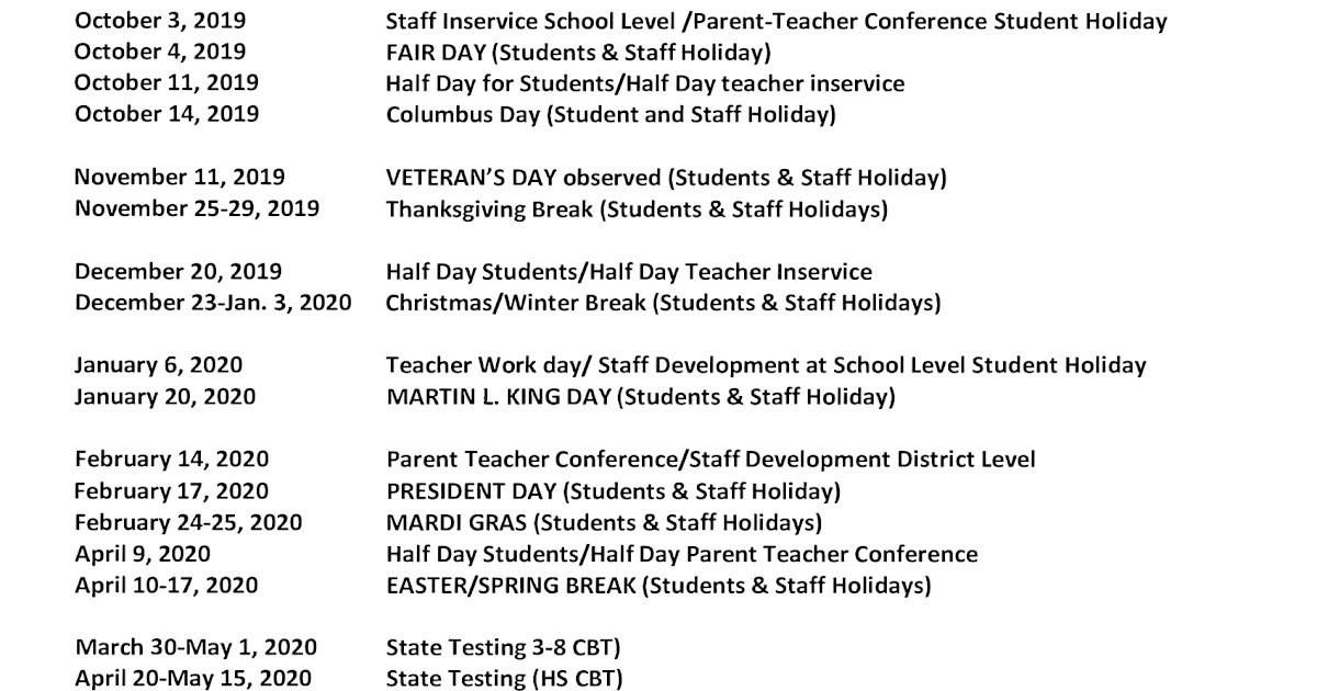 Vernon Parish School Calendar District Calendar 2022