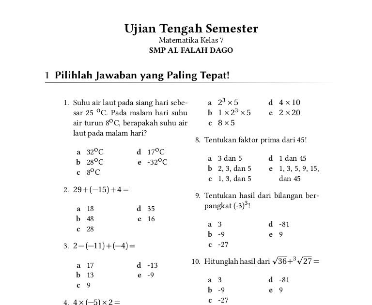 Contoh Soal: Soal Mtk Kelas 7 Semester 1 Kurikulum 2013