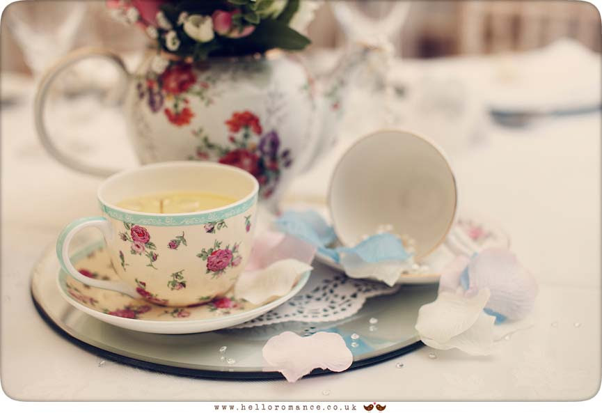 Vintage tea-cups at wedding near Eye, Suffolk - www.helloromance.co.uk