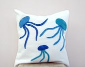 Jellyfish pillow cover: blue and turquoise felt applique on white organic cotton, beach decor pillow - EarthLab
