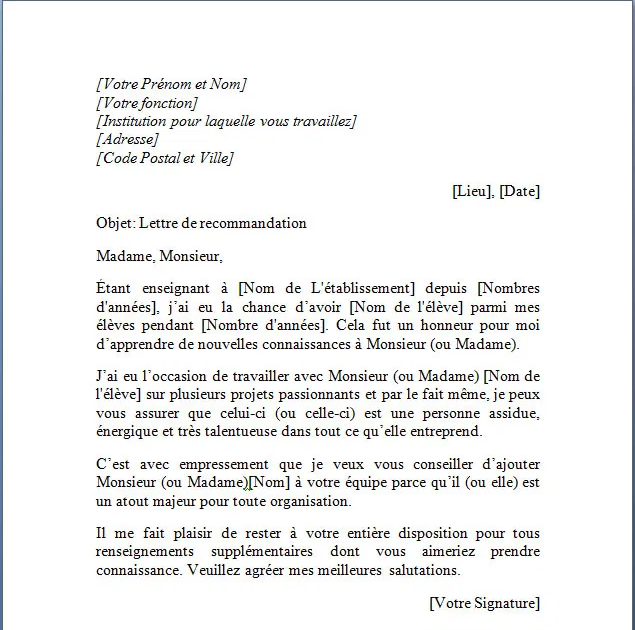 Lettre De Recommandation Type  Adolfo Redding ejemplo de carta