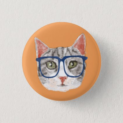 Smart Grey Hipster Tabby Cat Wearing Glasses Pinback Button