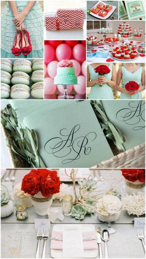 http://www.pinterest.com/pin/479844535268247759/ mint green and pomegranate red wedding color theme. Loving that hint of red!