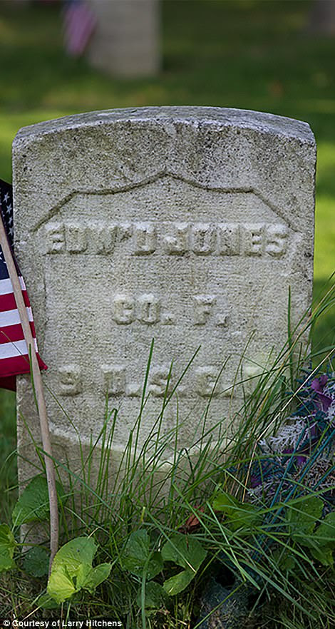 Edward Jones served in the Union Army in Company F of the 9th Regiment during the Civil War. His grave stone is pictured