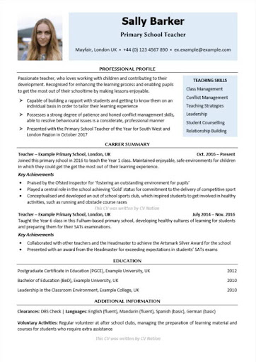 Example Of Curriculum Vitae For Teachers