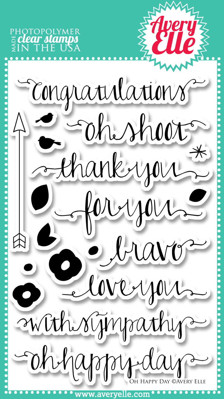 Use the sentiments in our 4" x 6" Oh Happy Day clear photopolymer stamp set  to create gorgeous tags, gifts, cards and scrapbook pages.  With cute and fresh sentiments such as " oh happy day" and "oh shoot" as well as classics like "congratulations", this set will be used time and again.