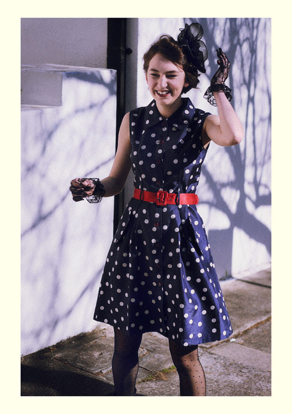 Blue dress, white polka dots, Vintage Fashion Photography