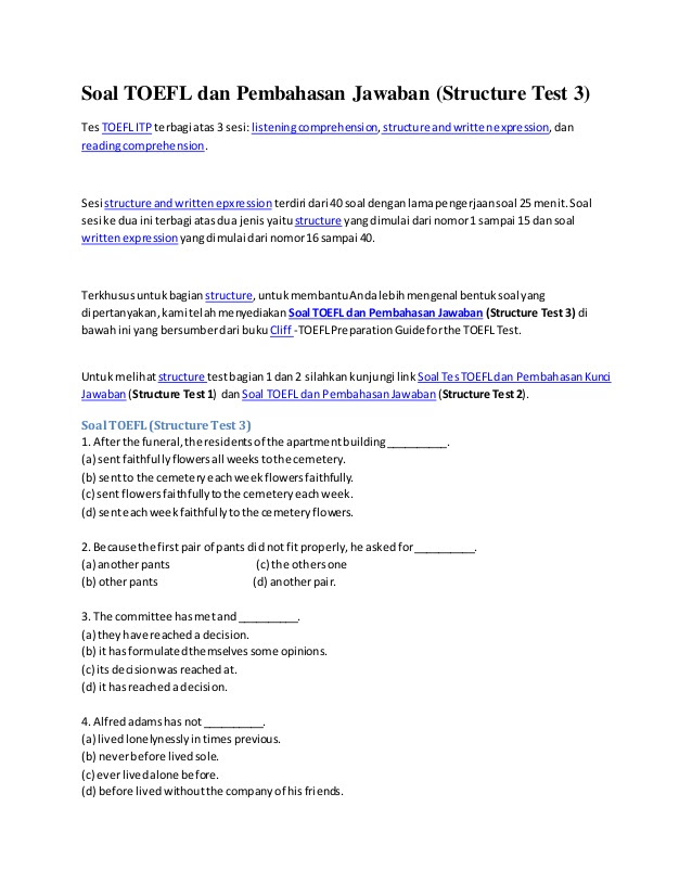 Contoh Soal Toefl Structure And Written Expression Dan Pembahasannya Pdf Guru Galeri
