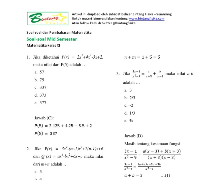 Contoh Soal: Soal Dan Jawaban Mtk Kelas X Semester 2