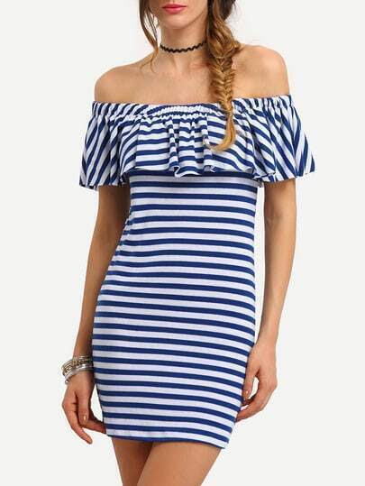 Striped Ruffled Off-The-Shoulder Dress pictures