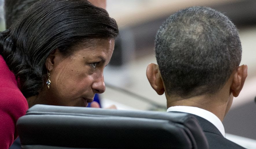 National Security Adviser Susan Rice talks with President Barack Obama before the afternoon plenary session of the Nuclear Security Summit, Friday, April 1, 2016, in Washington. (AP Photo/Alex Brandon) **FILE**