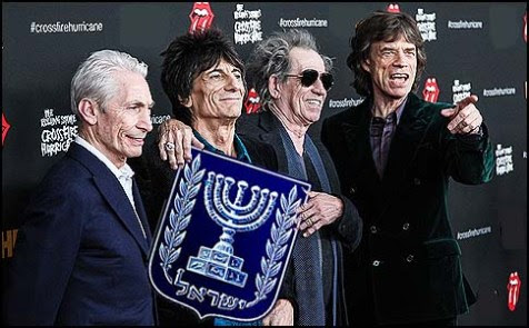 Charlie Watts, Keith Richards, Ronnie Wood and Mick Jagger of The Rolling Stones presenting Israel's official symbol.