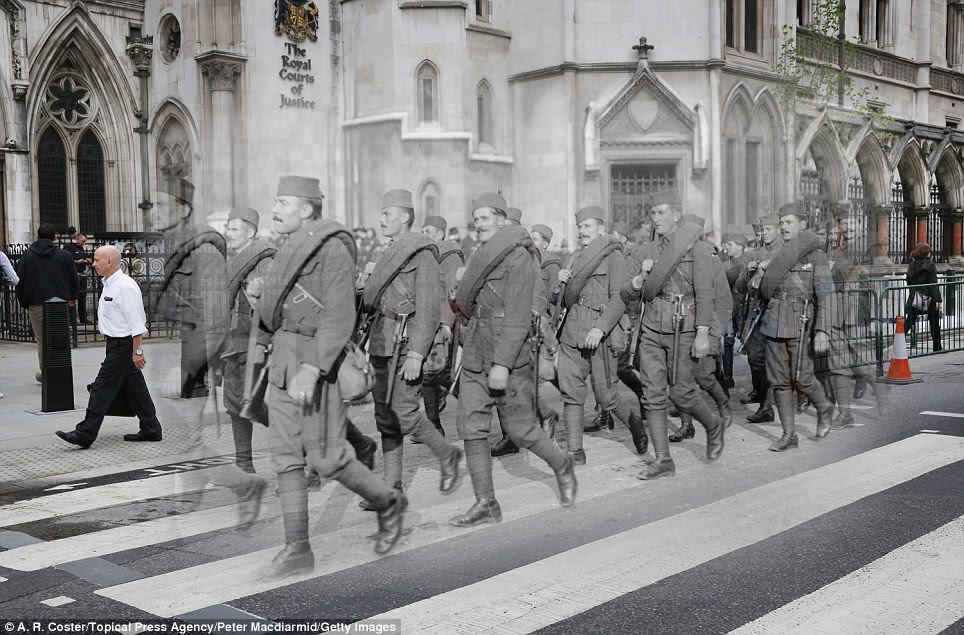 Zebra crossing: Serbian soldiers march in the Lord Mayor's show in London on November 9, 1918, and people walk past the Royal Courts of Justice in the present day