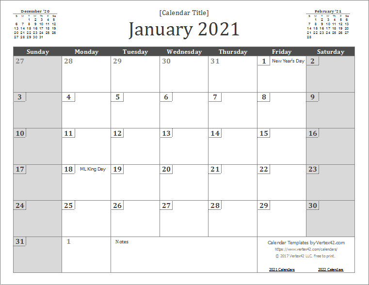 Vertex42 Printable Calendar 2021 2021 Calendar