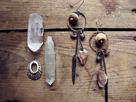 Gondwana - artisan tribal earrings - raw sunstone crystal - patina metal