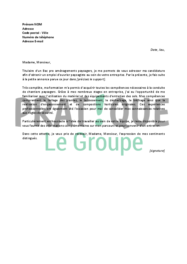 Lettre De Motivation Ouvrier Paysagiste  Job Application Letter