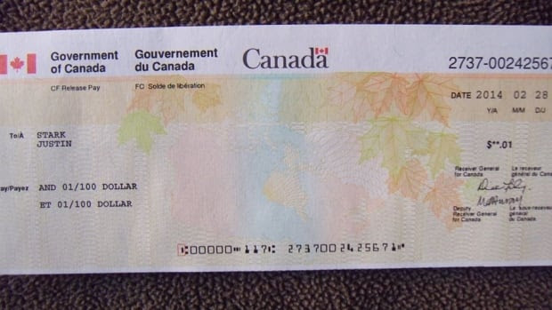 This one-cent cheque, dated Feb. 28, was sent to the home of Cpl. Justin Stark. The 22-year-old committed suicide in 2011 in Hamilton. 