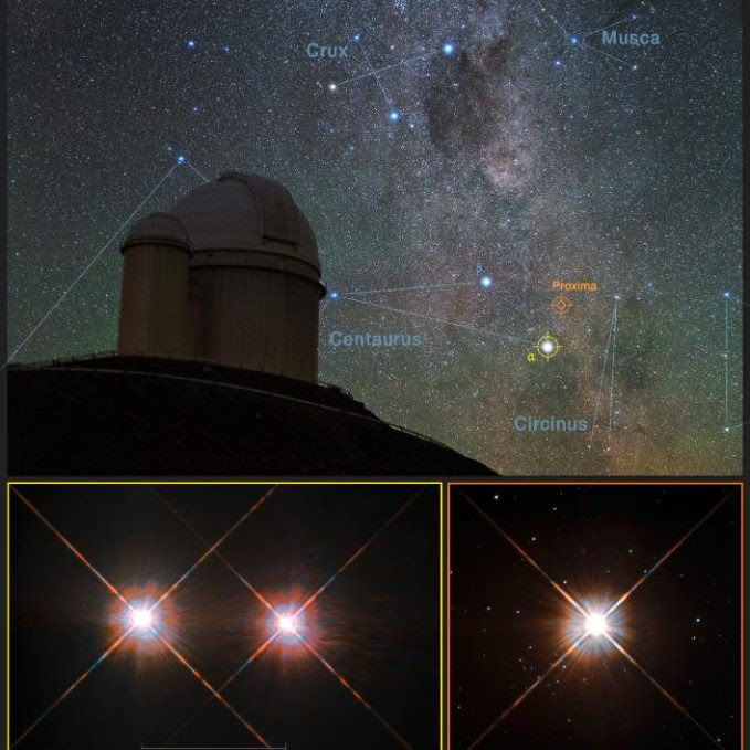 A view of the southern skies over the ESO 3.6-metre telescope at the La Silla Observatory in Chile with images of the stars Proxima Centauri (lower-right) and the double star Alpha Centauri AB (lower-left) from the NASA/ESA Hubble Space Telescope. 