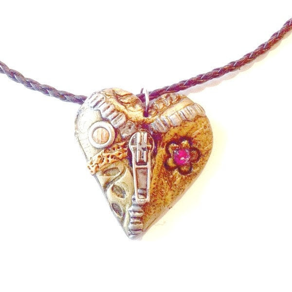 Mended Heart Pendant Steampunk polymer heart necklace Mother's Day Gift Free US Shipping - AuntMatildasJewelry Mended Heart Pendant Steampunk polymer heart necklace Mother's Day Gift Free US Shipping - AuntMatildasJewelry