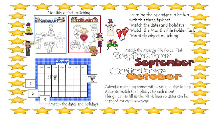 Learning the calendar can be fun with this three task set. *Match the dates and holidays *Match the Months File Folder Task *Monthly object matching Calendar matching comes with a visual guide to help students match the holidays to each month.This guide has fill in the blank lines so dates can be changed for each new year! (This calendar set is based off US Holidays)
