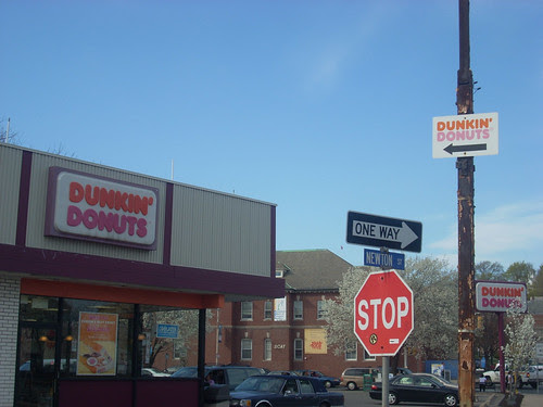 3 signs, 1 donut shop