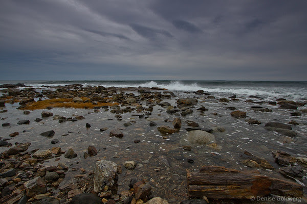 waves, rocks, a sky painted in clouds
