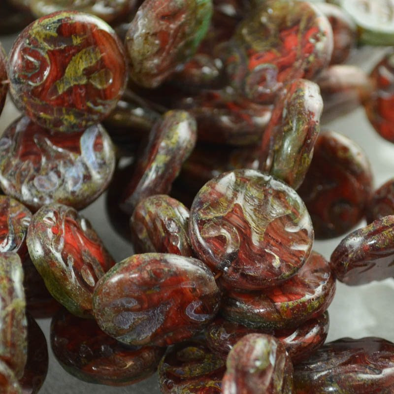 s38664 Pressed Glass - 20 mm Flame Coins - Old Lava (1)