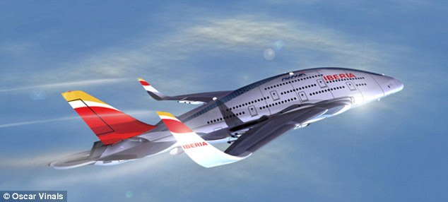 The plane would seat 755 passengers, making it economically viable for an airline, such as Iberia, pictured in this concept illustration. Passengers would be divided into three classes: 'tourist class', the equivalent of economy, 'tourist class with sky views', or business class, and 'first class'