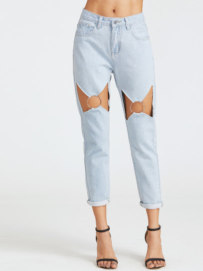 Blue Bleach Wash Cutout O Ring Detail Boyfriend Jeans