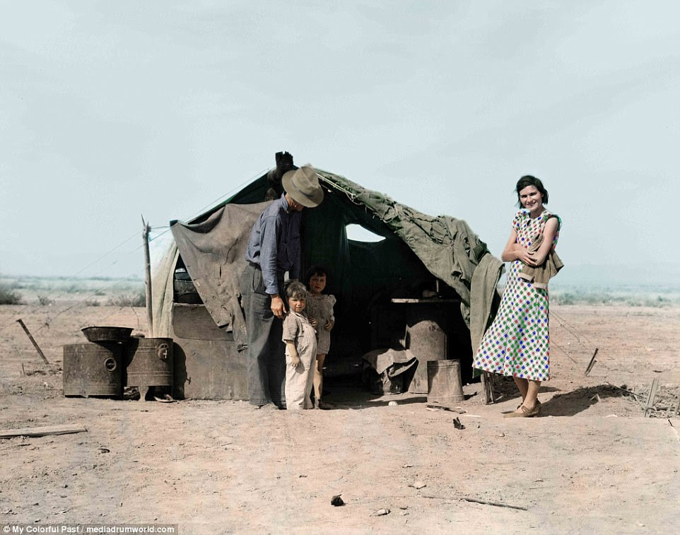 The Dust Bowl forced tens of thousands of families to abandon their farms. Many of these families, who were often known as 'Okies' because so many of them came from Oklahoma, migrated to California and other states. This photo, captured in 1937, shows a family-of-four who were just about to be returned home