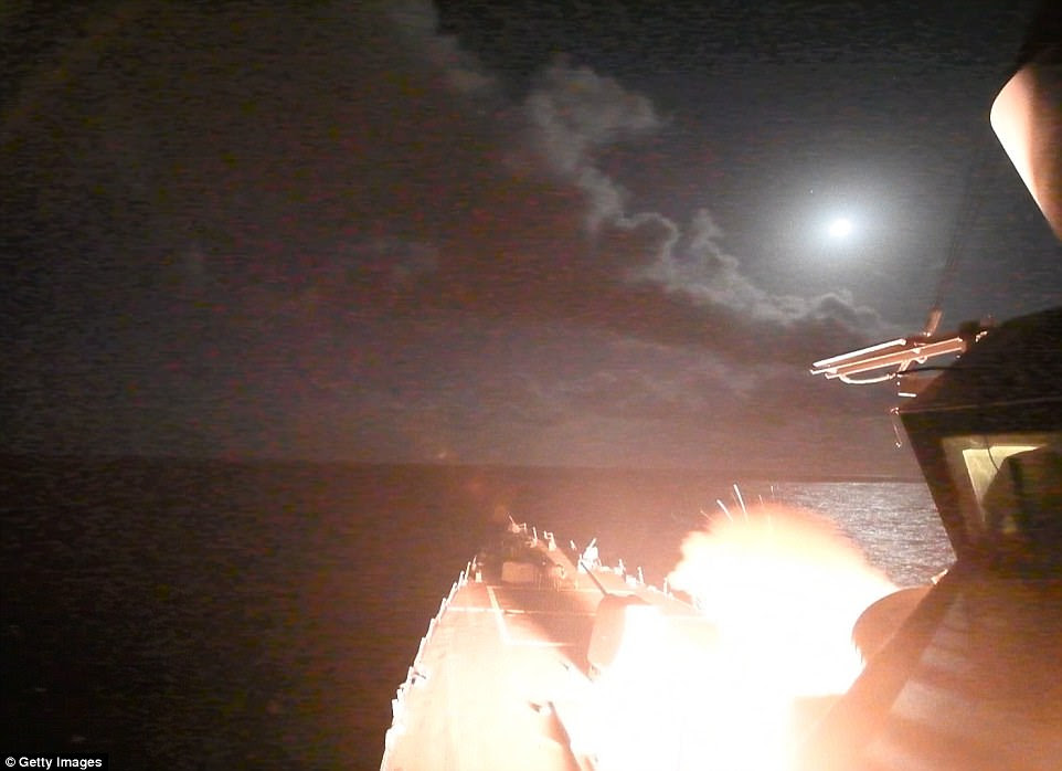 The guided-missile destroyer USS Porter fires a Tomahawk land attack missile on April 7, 2017 in the Mediterranean Sea. The USS Porter was one of two destroyers that fired a total of 59 cruise missiles at a Syrian military airfield at 8.40pm