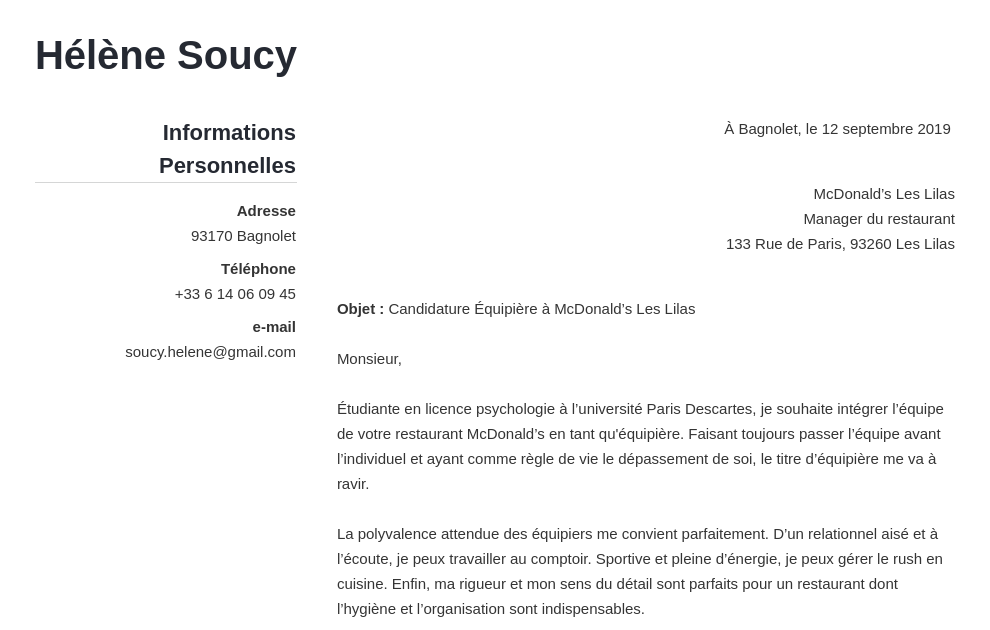 Lettre De Motivation Pour Travailler Au Mcdo A Temps Partiel