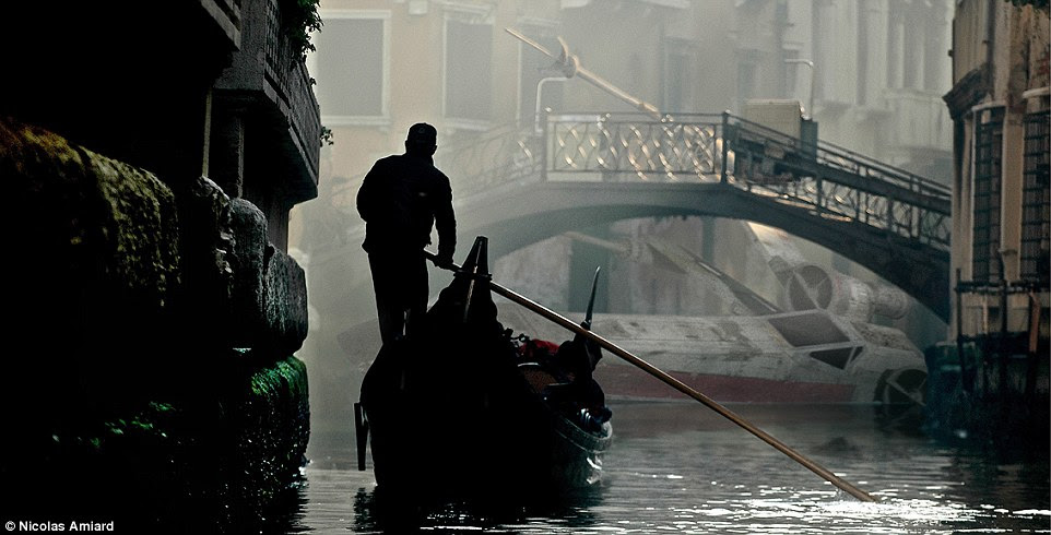 An iconic Venice gondola ride would be far more shocking if you happened upon a gigantic X-wing rebel fighter floating in the canal