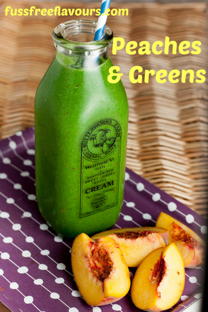 Peaches and green smoothie captioned