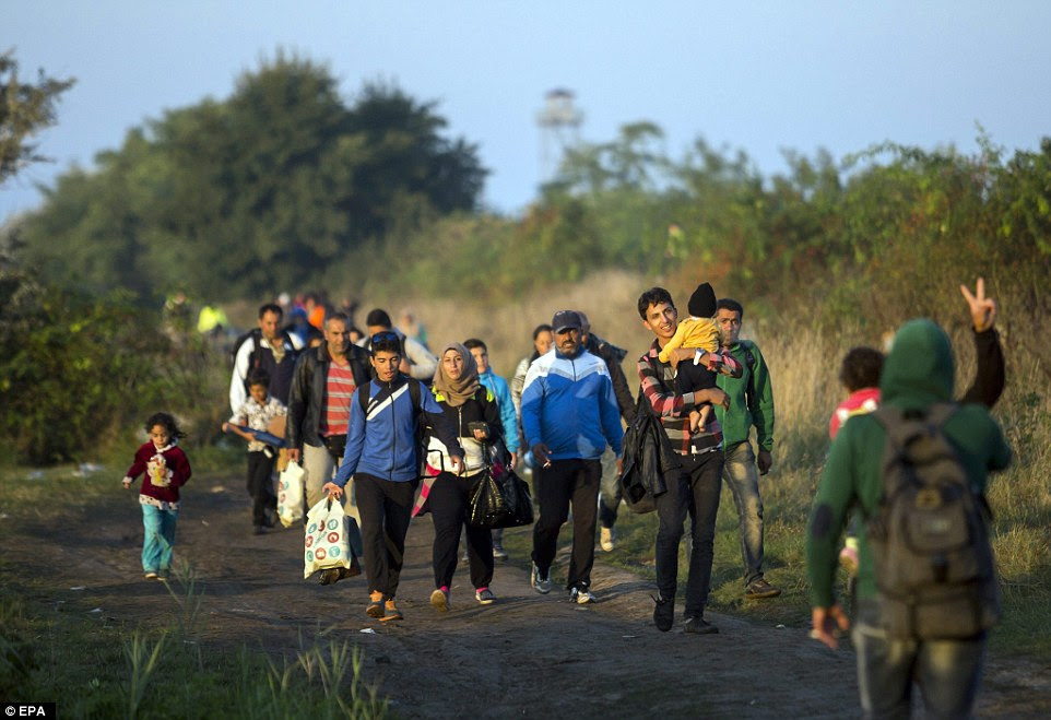 There are reports that Serbia would try to 'push through' as many as 25-30,000 migrants on Monday before the new Hungarian laws come in to force. Migrants are pictured walking towards a checkpoint near the border shared by the two countries