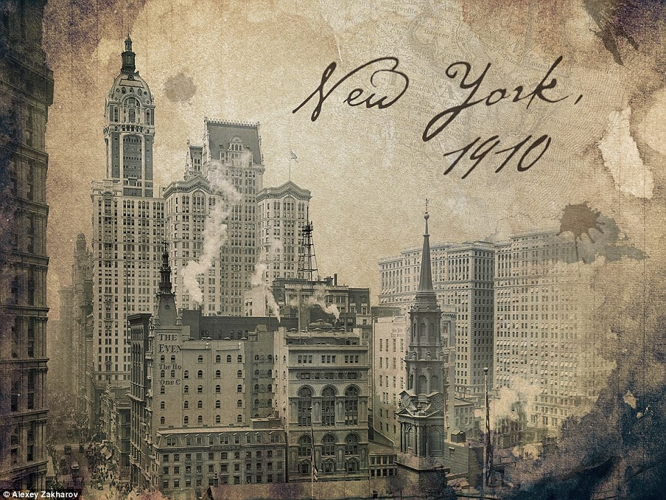 An artist has created incredibly realistic animations of America in the early 1900s based almost entirely on vintage photos. Pictured is one of the images used in the project showing New York's Singer Building looking down Broadway