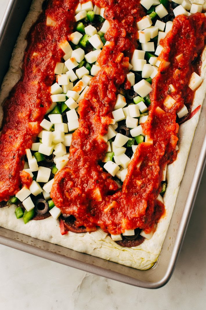 Supreme Detroit-Style Pizza - Homemade Detroit-Style pizza with the best crispy, butter dough! It's almost like focaccia bread with pizza toppings on top! #detroitpizza #detroitstylepizza #homemadepizza #pizza | Littlespicejar.com
