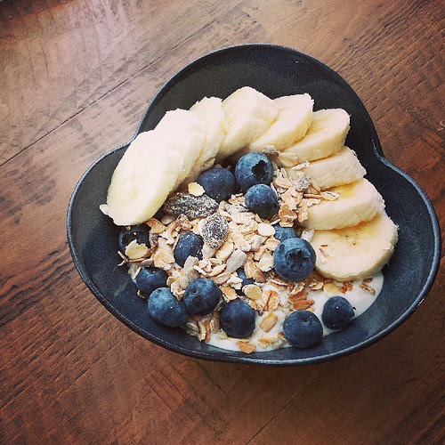Sunday breakfast of plain greek yogurt, blueberry, museli and banana...Yum